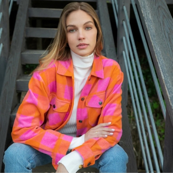 Velvet Heart Jackets & Blazers - NWOT Velvet Heart Sheryl Orange Check Shacket Size Large